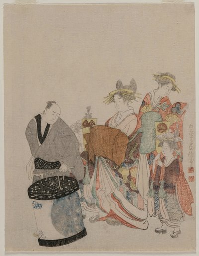 Kurtisane mit Begleitern nachts in der Stadt von Kubo Shunman