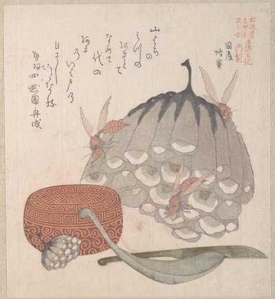 Bienenstöcke mit Wespen und eine Schachtel mit einem Löffel für Honig von Kubo Shunman