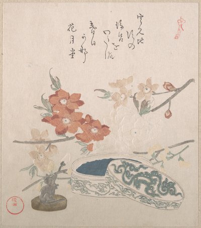 Pfirsichblüten, ein Siegel und eine Siegelschachtel von Kubo Shunman