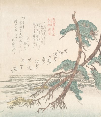 Meereslandschaft mit Kiefern und fliegenden Kranichen, 19. Jahrhundert von Kubo Shunman