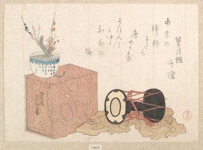 Stillleben: eine Trommel und ein Bücherregal für den Nō-Tanz von Kubo Shunman