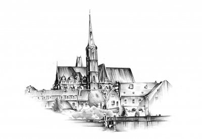 Zeichnung einer Kathedrale am Flussufer von Kulik