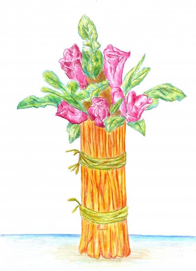 Rustikale Vase mit Rosa Blumen von Kulik