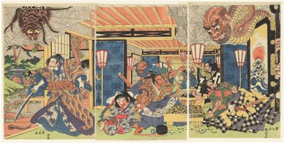 Minamoto no Yorimitsu und seine Gefolgsleute besiegen die Erdspinne, ca. 1804-1818 von Kuninaga Utagawa