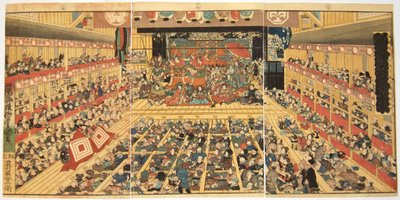 Odori-keiyo Edo-e no Sakae: Theaterinnenraum mit Shibaraku-Aufführung, 1858 von Kunisada