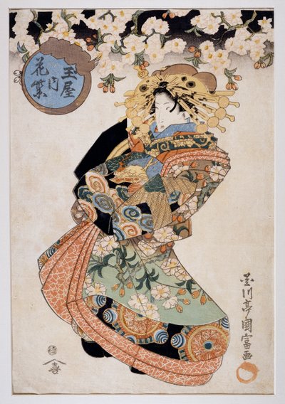 Kurtisane Hanamurasaki aus dem Tamaya Teehaus, Ca. 1830, Ukiyo-e Kunstdruck von Utagawa Kunitomi, Oban-tate-e Holzschnitt, 38,2x26,5 cm, Japanische Zivilisation von Kunitomi Utagawa