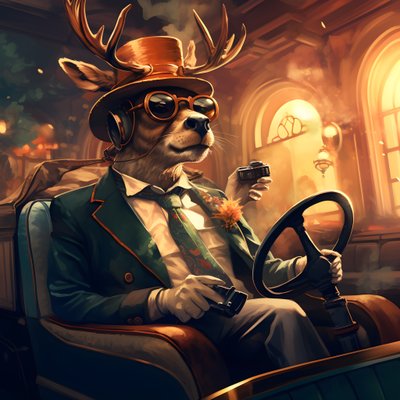 Ein Hirsch mit einer Zigarre im Mund fährt ein Cabriolet von Kurt Heppke