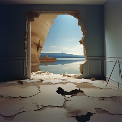 Ein Bild eines ungenutzten Raums mit einem riesigen See und einer Wüste in einem großen Loch, Futurecore, hoher Kontrast, Chiaroscuro, warme Töne 2 von Kurt Heppke