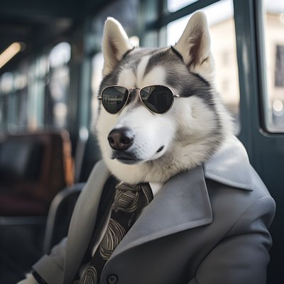 Ein Siberian Husky Hund im Anzug und mit Sonnenbrille am Busbahnhof, wie ein Gentleman von Kurt Heppke
