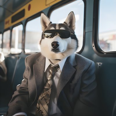 Ein Siberian Husky Hund im Anzug und mit Sonnenbrille am Busbahnhof, wie ein Gentleman von Kurt Heppke