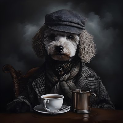 Ein kultivierter Pudel trinkt eine Tasse Tee, trägt einen Rollkragen und eine flache Mütze, rauchiger Hintergrund 2 von Kurt Heppke
