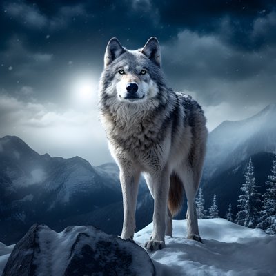 Ein majestätischer grauer Wolf steht auf einem schneebedeckten Berggipfel 1 von Kurt Heppke