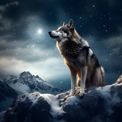 Ein majestätischer grauer Wolf steht auf einem schneebedeckten Berggipfel 3 von Kurt Heppke