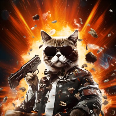 Filmplakat einer Katze, die ein schwarz-weiß gepunktetes Hemd und eine glänzende Sonnenbrille trägt, mit Explosionen und Kanonen im Hintergrund von Kurt Heppke