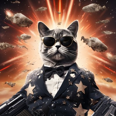 Filmplakat einer Katze, die ein schwarz-weiß gepunktetes Hemd und eine glänzende Sonnenbrille trägt, mit Explosionen und Kanonen im Hintergrund von Kurt Heppke