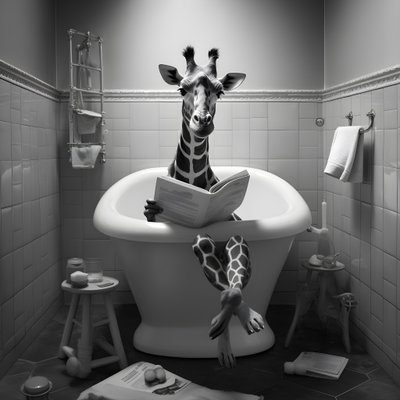 Glückliche Giraffe sitzt auf Toilette mit Zeitung 2 von Kurt Heppke