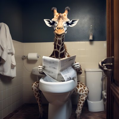 Glückliche Giraffe sitzt auf Toilette mit Zeitung 4 von Kurt Heppke