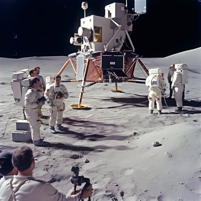Gruppe von Menschen mit TV-Kamera, die die Fälschung des Apollo 11-Projekts zeigen sollen 2 von Kurt Heppke