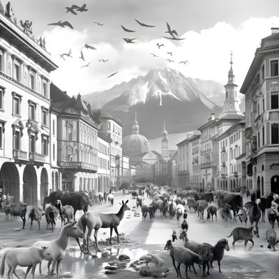 Innsbruck in einer alten Fotografie mit eleganten Zebras, Möwen, Affen und Tonfiguren. 2 von Kurt Heppke