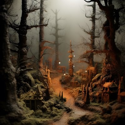 Miniatur-Tilt-Shift-Halloween-Wald mit nebligen Bäumen und einer gespenstischen Atmosphäre 4 von Kurt Heppke
