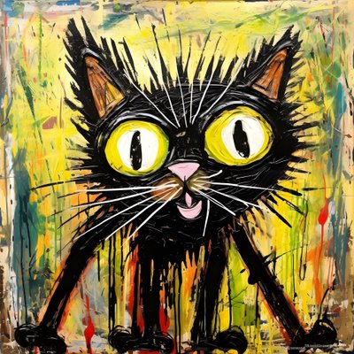 Neoexpressionismus einer Cartoon-Katze, die neugierig nach oben schaut von Kurt Heppke