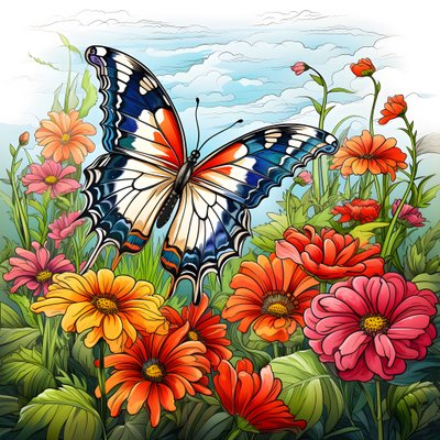 Schmetterling auf einer Wiese mit einem Spalier aus Blumen 3 von Kurt Heppke