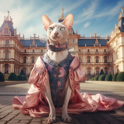 Sphynx-Katze im Ballkleid vor dem Hintergrund eines prächtigen Palastes im mittelalterlichen Stil von Kurt Heppke