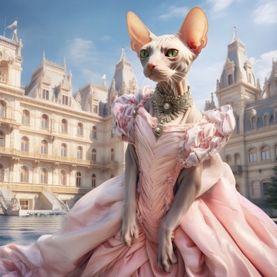Sphynx-Katze im Ballkleid vor dem Hintergrund eines prächtigen Palastes im mittelalterlichen Stil von Kurt Heppke
