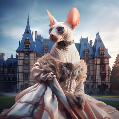 Sphynx-Katze im Ballkleid vor dem Hintergrund eines prächtigen Palastes im mittelalterlichen Stil von Kurt Heppke
