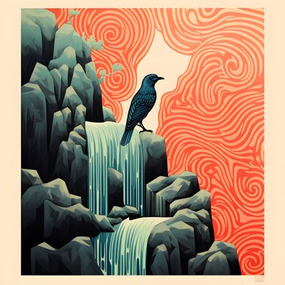 Ultra-minimalistische Illustration eines bunten tropischen Vogels, der auf einer verzweigten Pflanze vor einem Gebirgsbach mit einem schönen Wasserfall sitzt von Kurt Heppke