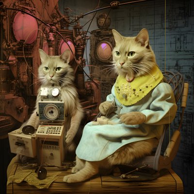 Zwei anthropomorphe Katzen, Kater und Katze, Kubrickian Synthetic von Kurt Heppke