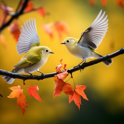 Zwei super süße grüne Weißaugenvögel spreizen ihre Flügel und fliegen in den herbstlichen Ahornblättern von Kurt Heppke