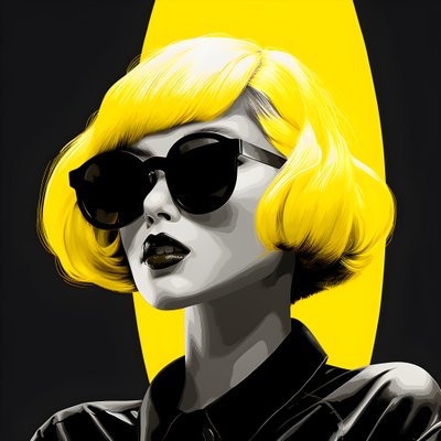 Eine Illustration eines Mädchens mit gelber Sonnenbrille, Haaren im Gesicht und Ohren, im Stil der Film-Noir-Ästhetik 1 von Kurt Heppke