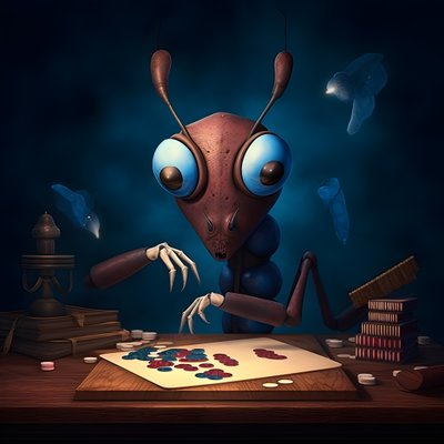 anthropomorphe Wildameise mit Augenbrauen und blauen Augen von Kurt Heppke