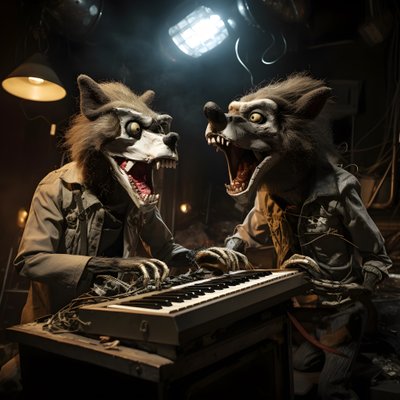 Gruselige, haarige, kaputte Tier-Animatronik, die Musik auf einer Bühne spielt 1 von Kurt Heppke