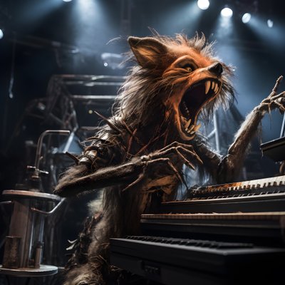 Gruselige, haarige, kaputte Tier-Animatronik, die Musik auf einer Bühne spielt 2 von Kurt Heppke