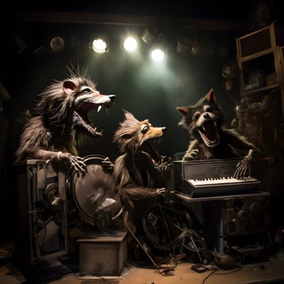Gruselige, haarige, kaputte Tier-Animatronik, die Musik auf einer Bühne spielt 3 von Kurt Heppke