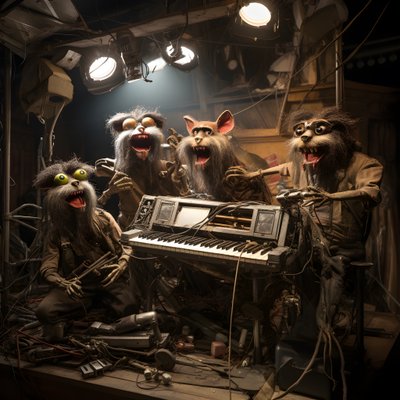 Gruselige, haarige, kaputte Tier-Animatronik, die Musik auf einer Bühne spielt 4 von Kurt Heppke