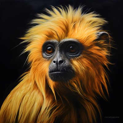 Ein Gemälde des Gesichts eines Goldlangurs mit schwarzem Hintergrund 4 von Kurt Heppke