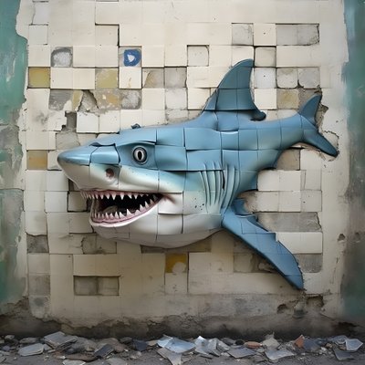 Ein blauer Haifisch mit gemaltem Gesicht auf einer alten Mauer 3 von Kurt Heppke