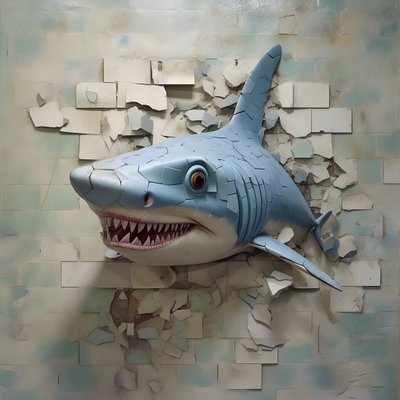 Ein blauer Haifisch mit gemaltem Gesicht auf einer alten Mauer 4 von Kurt Heppke