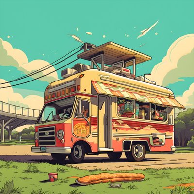 Künstlerisches Veranstaltungsplakat für Food Trucks in einem Skatepark in Nordkalifornien von Kurt Heppke