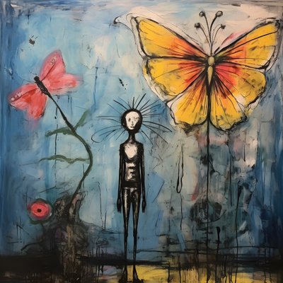 Ein originales Aquarell eines Engels, der einen Schmetterling hält von Kurt Heppke
