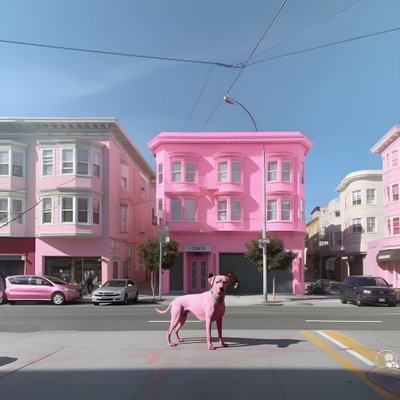 Ein rosa Hund mitten in der Stadt San Francisco von Kurt Heppke