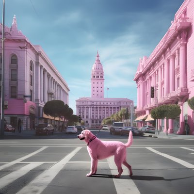 Ein rosa Hund mitten in der Stadt San Francisco von Kurt Heppke