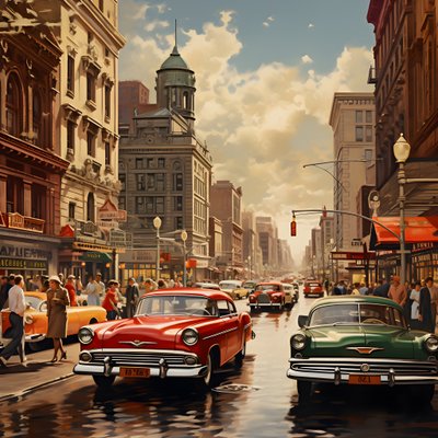 Eine Stadt in den 50er Jahren mit roten Autos von Kurt Heppke