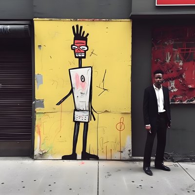 Eine gemalte Figur wird lebendig, als sie eine Straße in New York entlangläuft, surreales Foto von Kurt Heppke