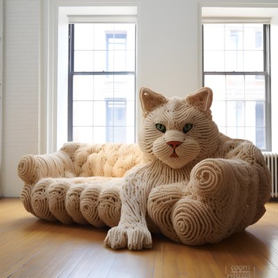 eine riesige gehäkelte Katze in einem realistischen Wohnzimmer von Kurt Heppke