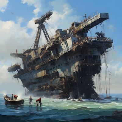 Großes Wrack wird von einem Kran aus dem Meer gezogen von Kurt Heppke