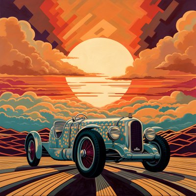 Schönes, elegantes, minimalistisches, gestepptes Meisterwerk im künstlerischen Stil von Shepard Fairey zum Gedenken an den Grand Prix von Monaco 1940, historische Rennwagen, die gegeneinander antreten 3 von Kurt Heppke
